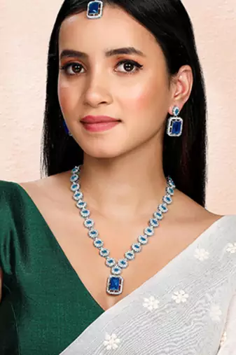 Silver plated blue synthetic stone & cubic zirconia studded necklace