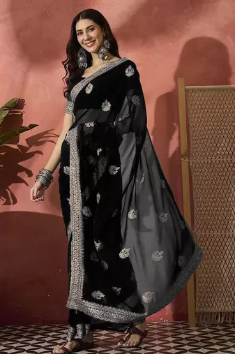 Black ethnic motifs embroidered saree