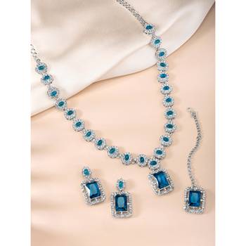 Silver plated blue synthetic stone & cubic zirconia studded necklace 2