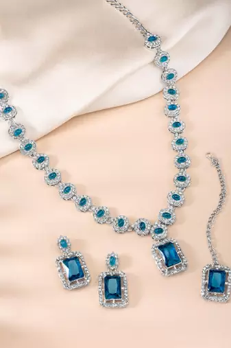 Silver plated blue synthetic stone & cubic zirconia studded necklace