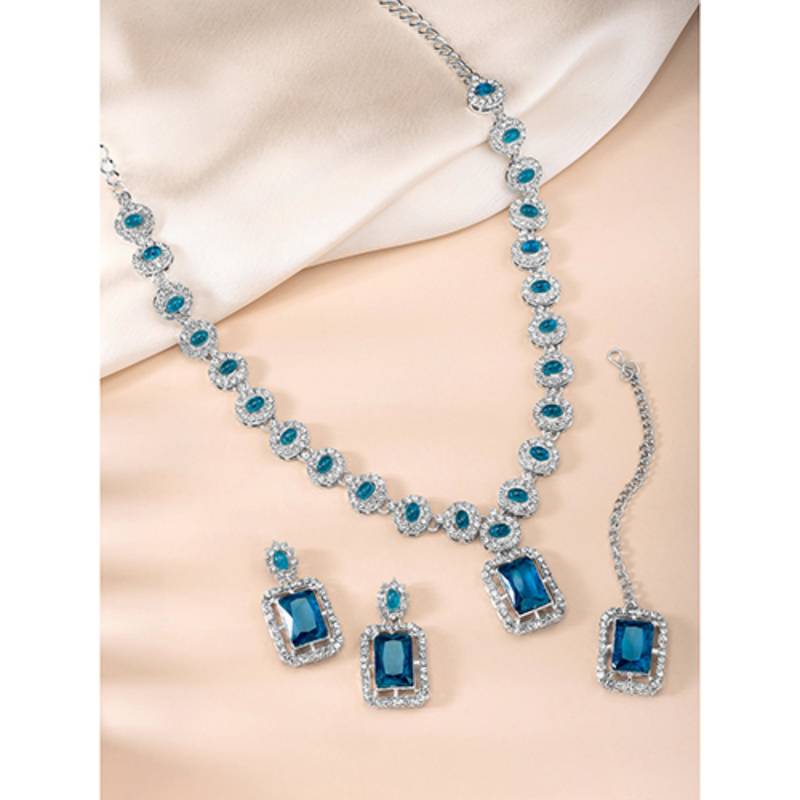 Silver plated blue synthetic stone & cubic zirconia studded necklace