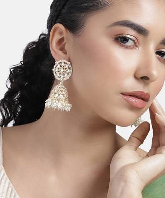 Traditional gold plated white kundan studded jhumki earringss jewelry 1