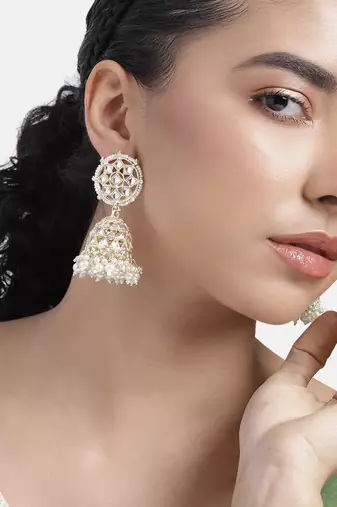 Traditional gold plated white kundan studded jhumki earringss jewelry