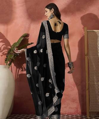 Black ethnic motifs embroidered saree 3