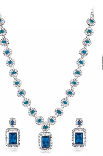 Silver plated blue synthetic stone & cubic zirconia studded necklace