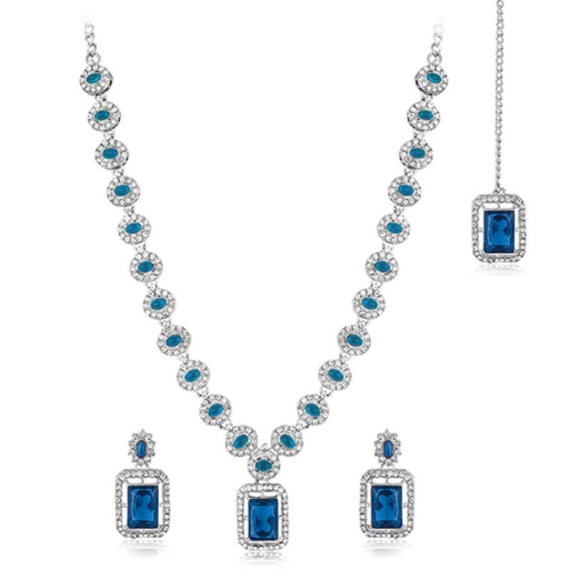 Silver plated blue synthetic stone & cubic zirconia studded necklace