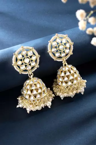 Traditional gold plated white kundan studded jhumki earringss jewelry