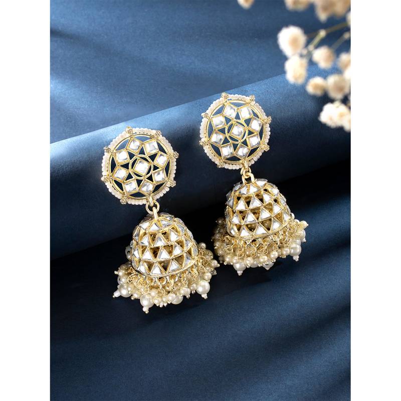 Traditional gold plated white kundan studded jhumki earringss jewelry