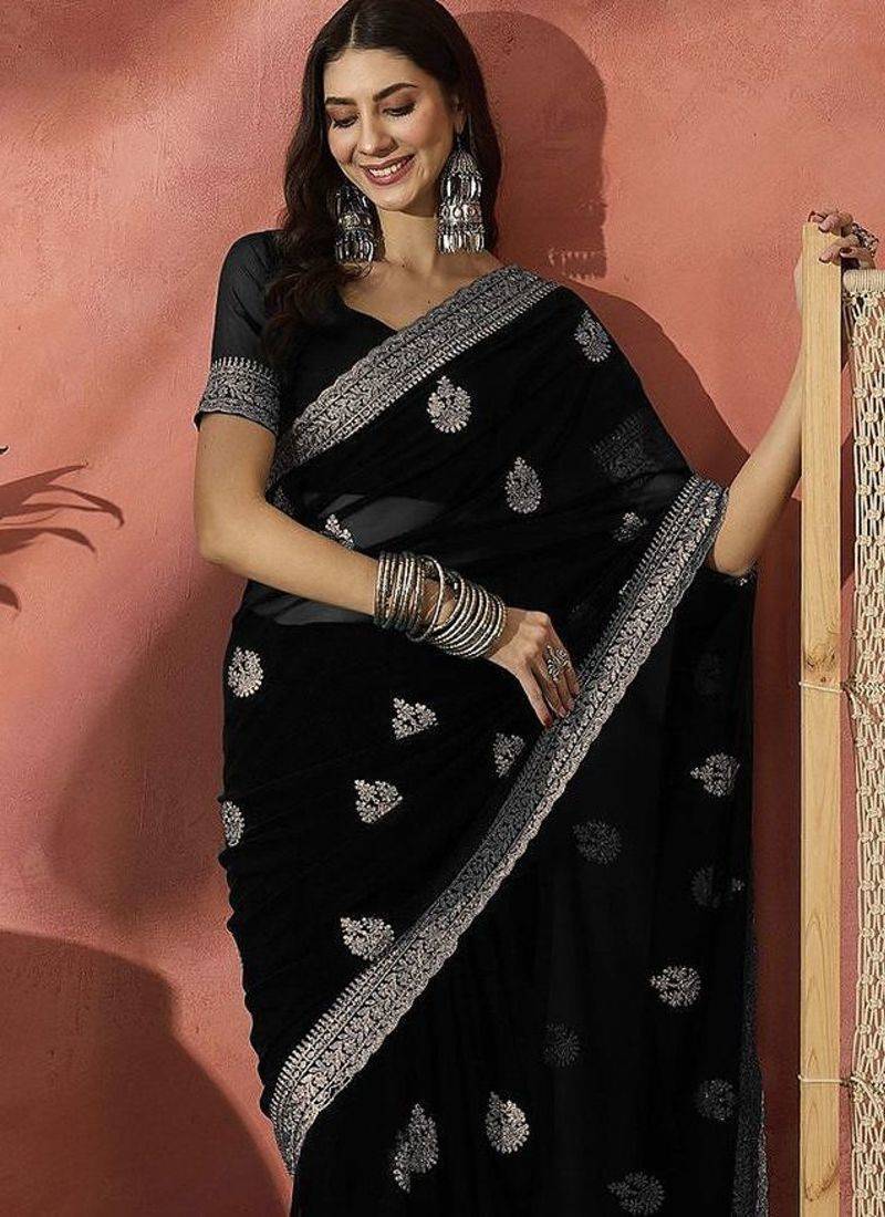 Black ethnic motifs embroidered saree
