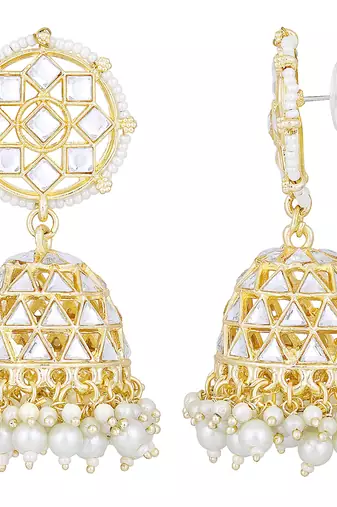Traditional gold plated white kundan studded jhumki earringss jewelry