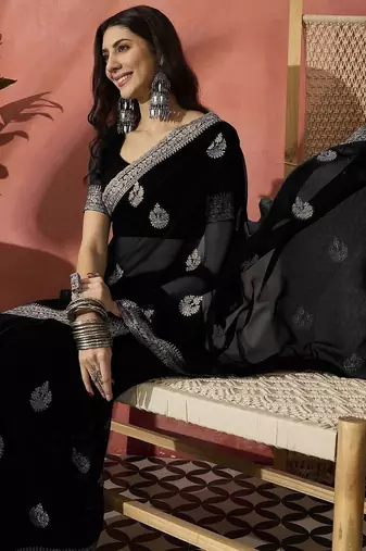 Black ethnic motifs embroidered saree