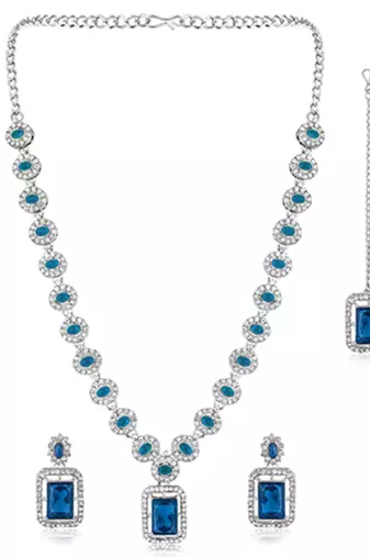 Silver plated blue synthetic stone & cubic zirconia studded necklace