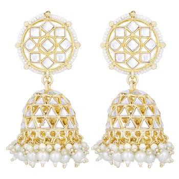 Traditional gold plated white kundan studded jhumki earringss jewelry 5