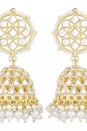 Traditional gold plated white kundan studded jhumki earringss jewelry