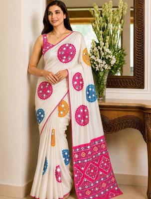 Cream embellished mirror work poly crepe designer saree 1