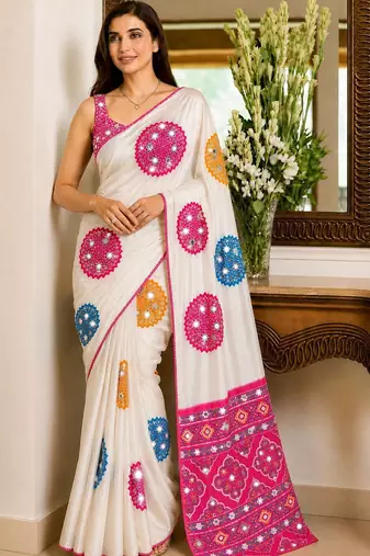 Cream embellished mirror work poly crepe designer saree