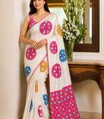 Cream embellished mirror work poly crepe designer saree