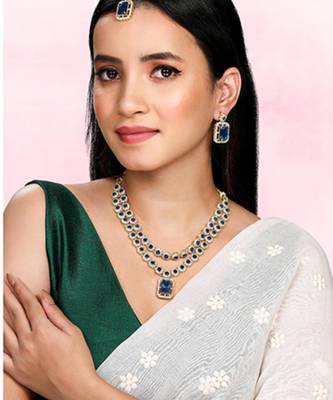 Necklace set blue crystal & cubic zirconia studded 2 layer earrings 1