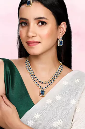 Necklace set blue crystal & cubic zirconia studded 2 layer earrings