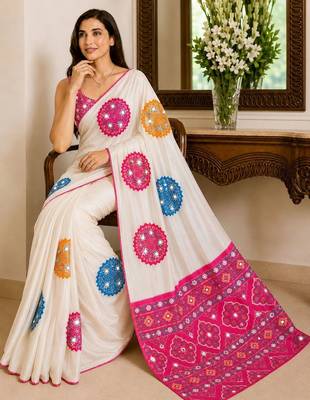 Cream embellished mirror work poly crepe designer saree 2