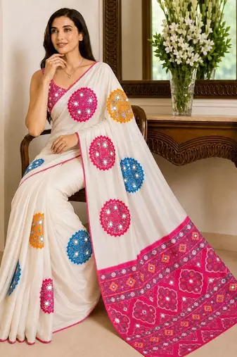 Cream embellished mirror work poly crepe designer saree