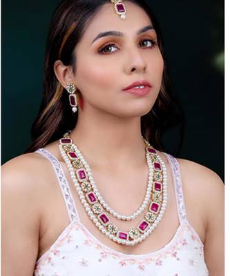 Gold plated rani pink & green kundan synthetic stone & beads studded 1
