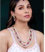 Gold plated rani pink & green kundan synthetic stone & beads studded