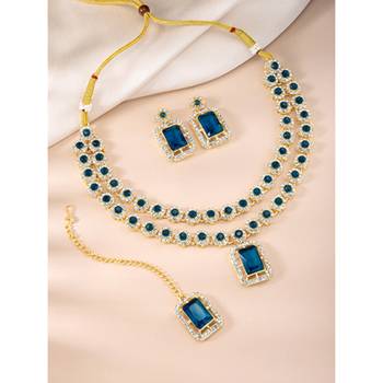 Necklace set blue crystal & cubic zirconia studded 2 layer earrings 2