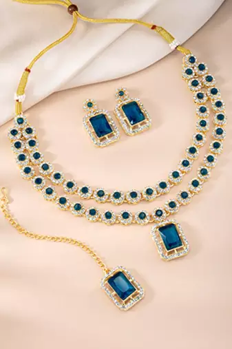 Necklace set blue crystal & cubic zirconia studded 2 layer earrings