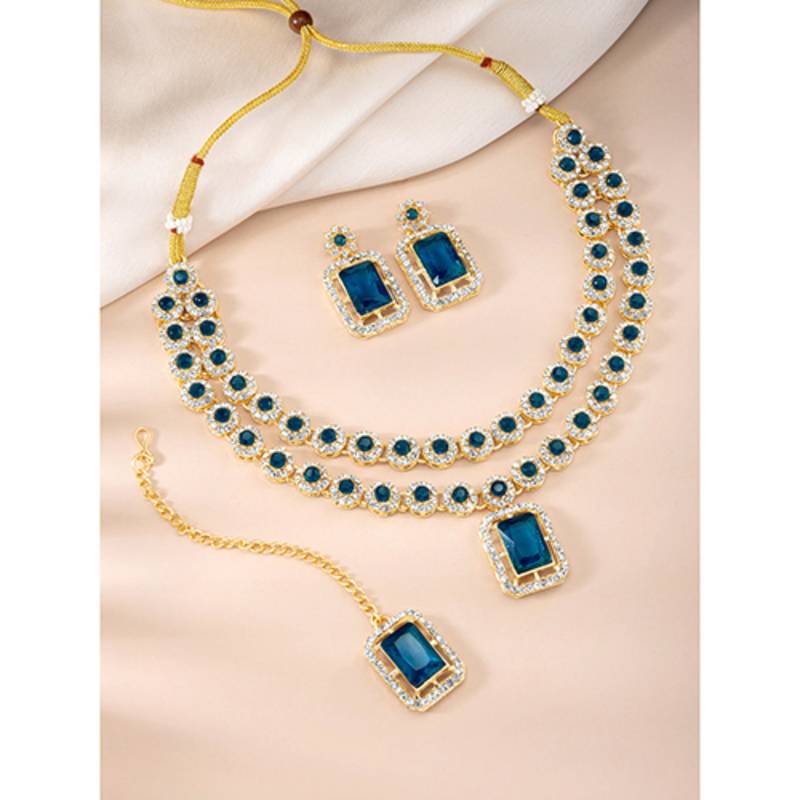 Necklace set blue crystal & cubic zirconia studded 2 layer earrings