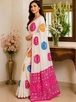 Cream embellished mirror work poly crepe designer saree 3