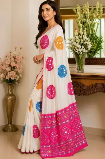 Cream embellished mirror work poly crepe designer saree