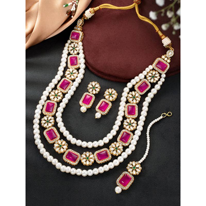 Gold plated rani pink & green kundan synthetic stone & beads studded