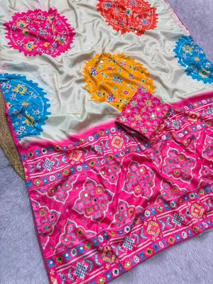 Cream embellished mirror work poly crepe designer saree 4