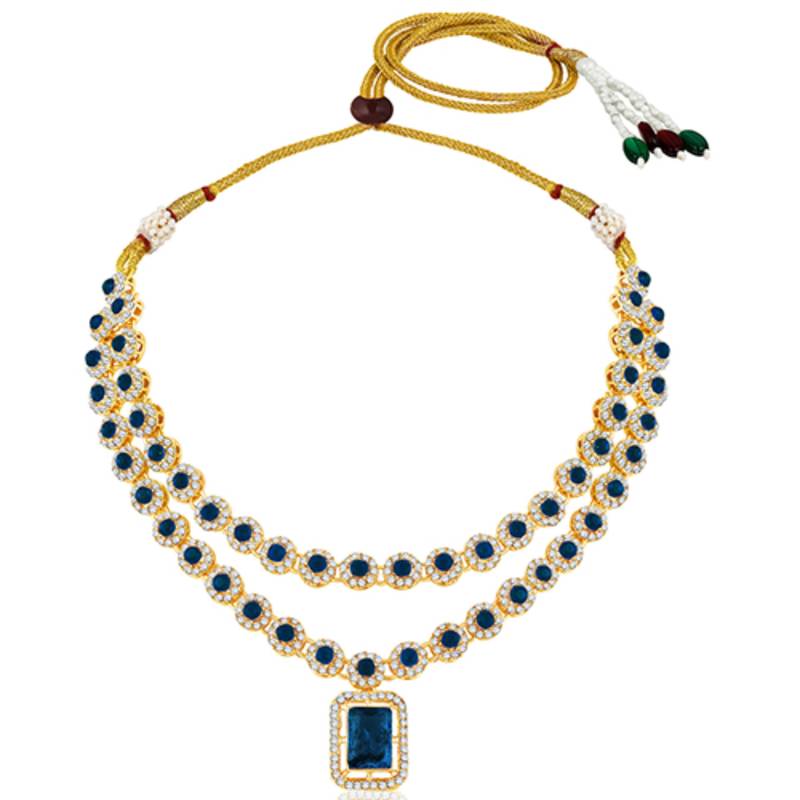 Necklace set blue crystal & cubic zirconia studded 2 layer earrings