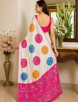 Cream embellished mirror work poly crepe designer saree 5