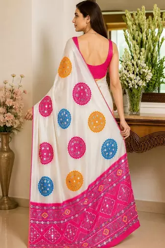 Cream embellished mirror work poly crepe designer saree