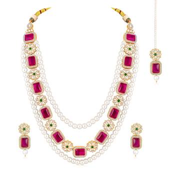 Gold plated rani pink & green kundan synthetic stone & beads studded 3