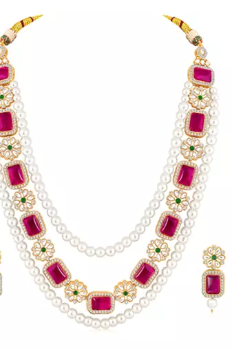 Gold plated rani pink & green kundan synthetic stone & beads studded