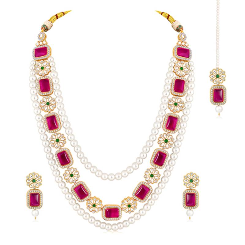 Gold plated rani pink & green kundan synthetic stone & beads studded