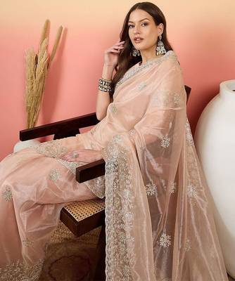 Peach embroidered saree with blouse 1