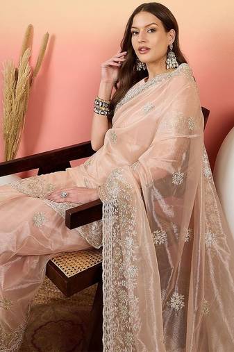 Peach embroidered saree with blouse