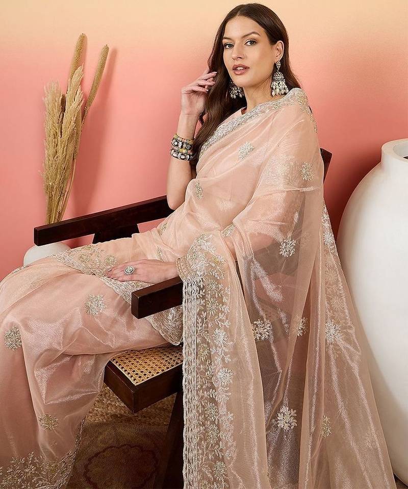 Peach embroidered saree with blouse