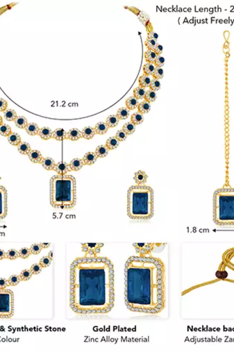 Necklace set blue crystal & cubic zirconia studded 2 layer earrings