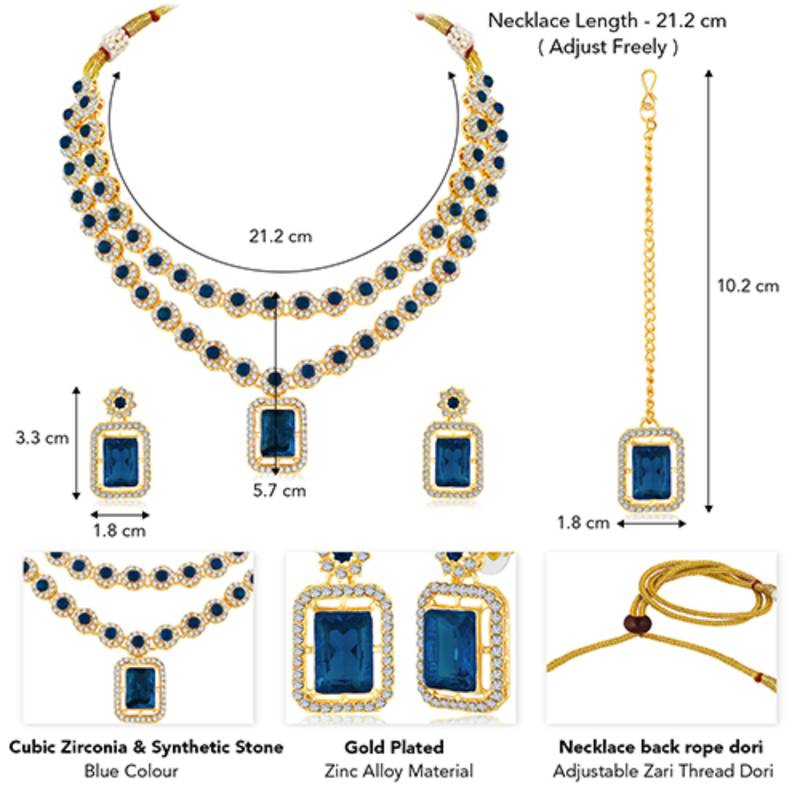 Necklace set blue crystal & cubic zirconia studded 2 layer earrings
