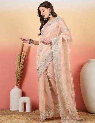 Peach embroidered saree with blouse 3