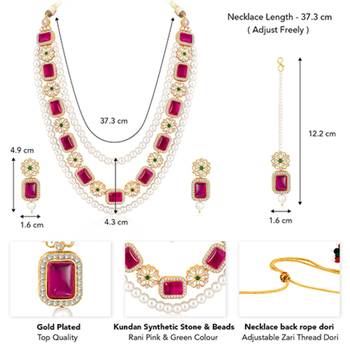 Gold plated rani pink & green kundan synthetic stone & beads studded 4
