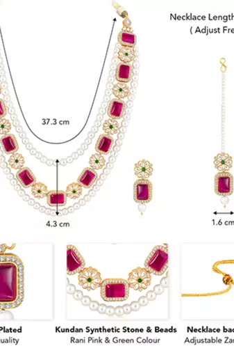 Gold plated rani pink & green kundan synthetic stone & beads studded