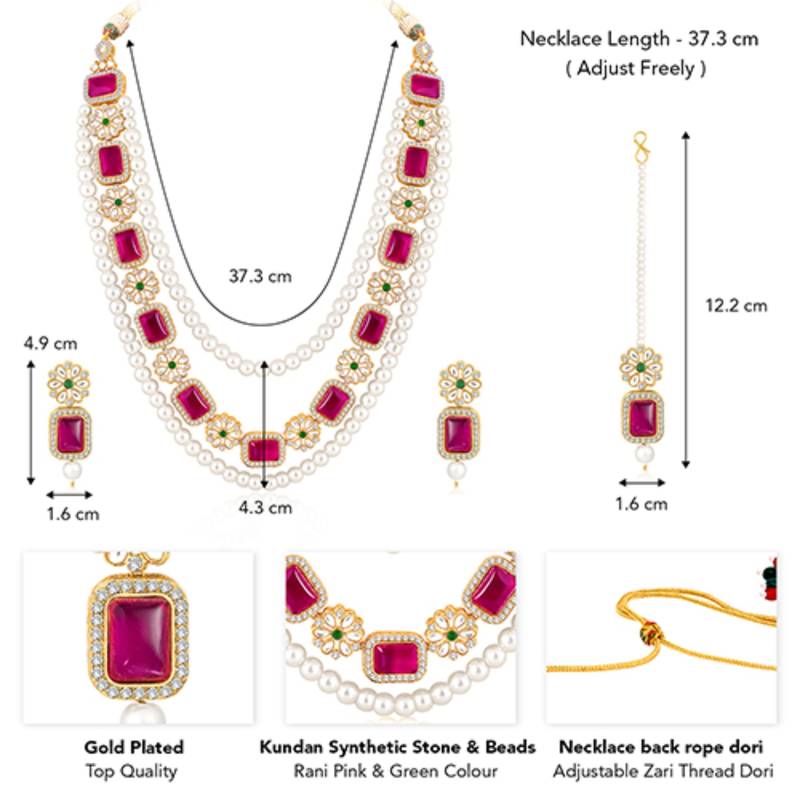Gold plated rani pink & green kundan synthetic stone & beads studded