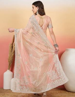 Peach embroidered saree with blouse 4